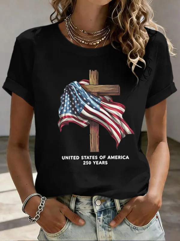 Women's Independence Day Cross Printed Round Neck T-shirt