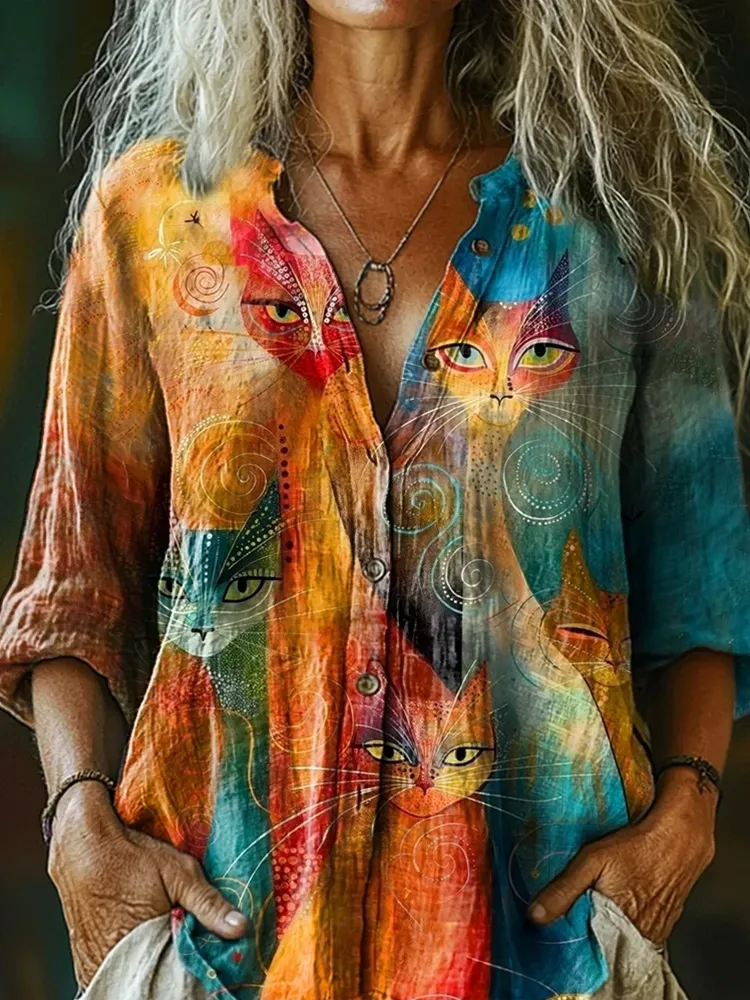 Women's Abstract Cat Art Pattern Print Casual Shirt