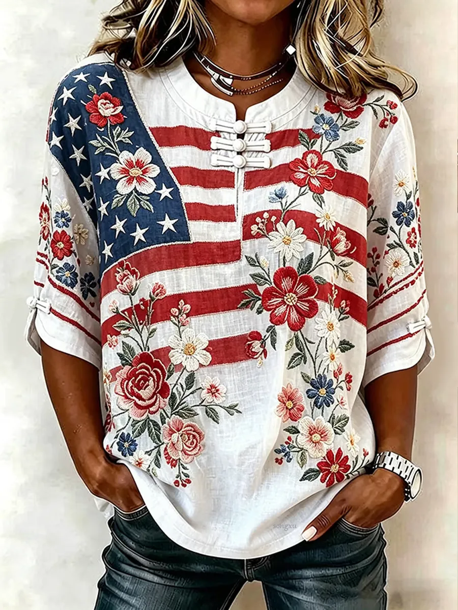 Women'S Retro Flag Printed Casual Shirt