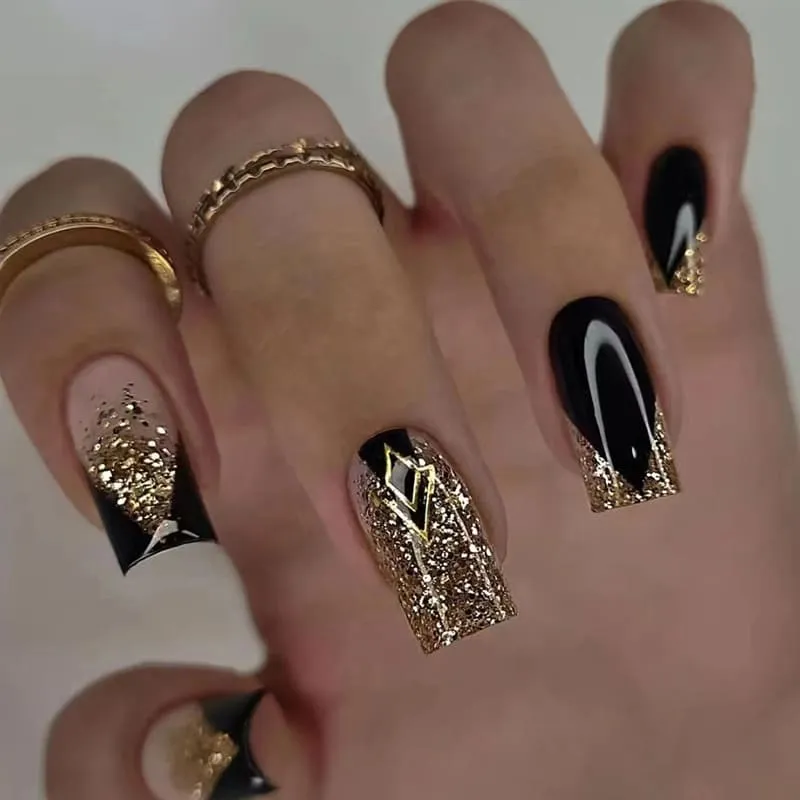 Nailhour 24Pcs French Gilded Black Short Square Press On Nails