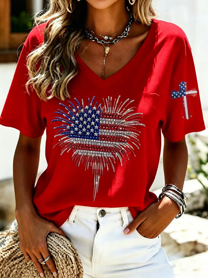 Women'S America Flag Print Casual V-Neck T-Shirt