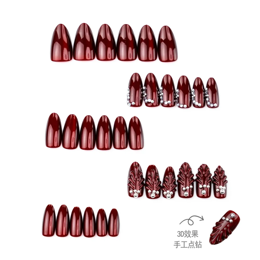Nailhour 30Pcs Cat Eye 3D Medium Almond Red French Press On Nails