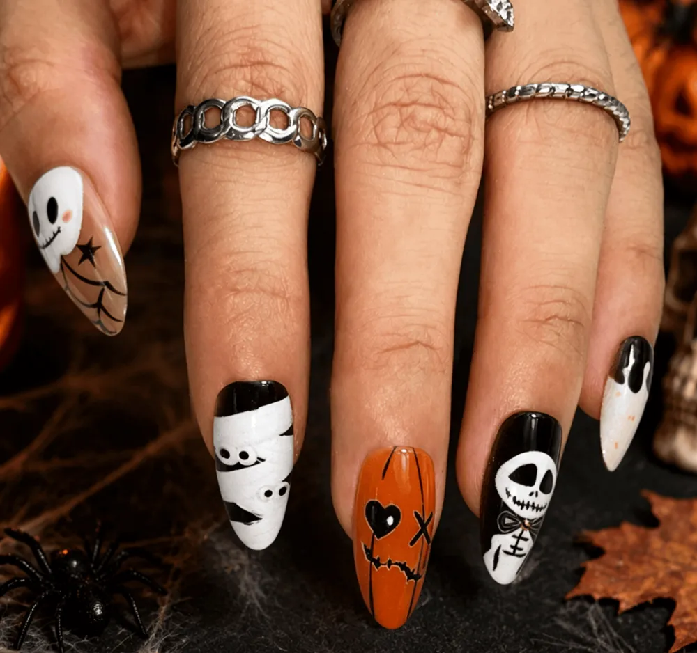 Nailhour 24Pcs Halloween Ghost Holiday Short Almond Press On Nails