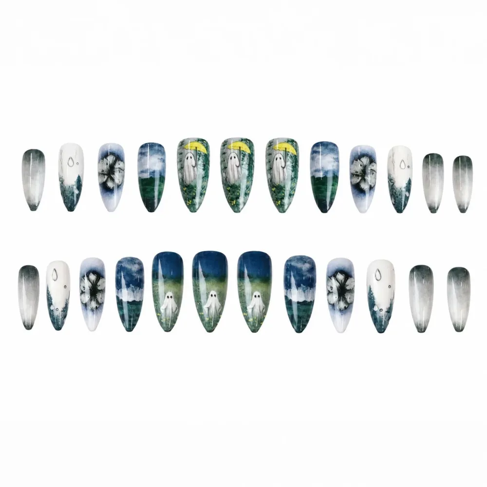 Nailhour 24Pcs Halloween Medium Almond Multicolor Blending Press On Nails