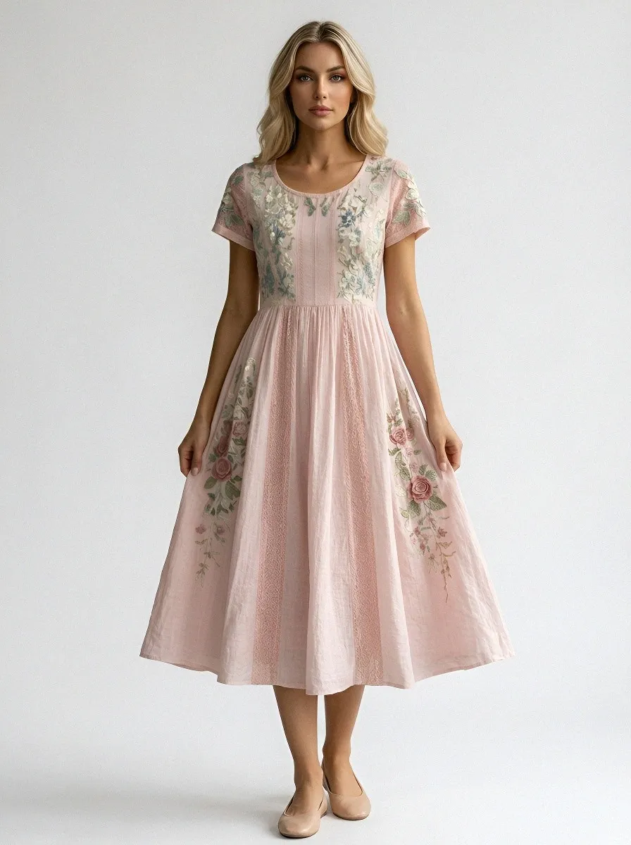 Women's Breast Cancer Awareness Pink Rose Floral Embroidered Printed Dress