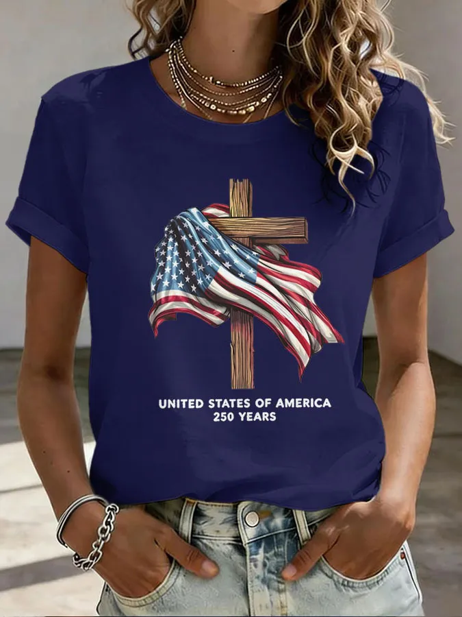 Women's Independence Day Cross Printed Round Neck T-shirt
