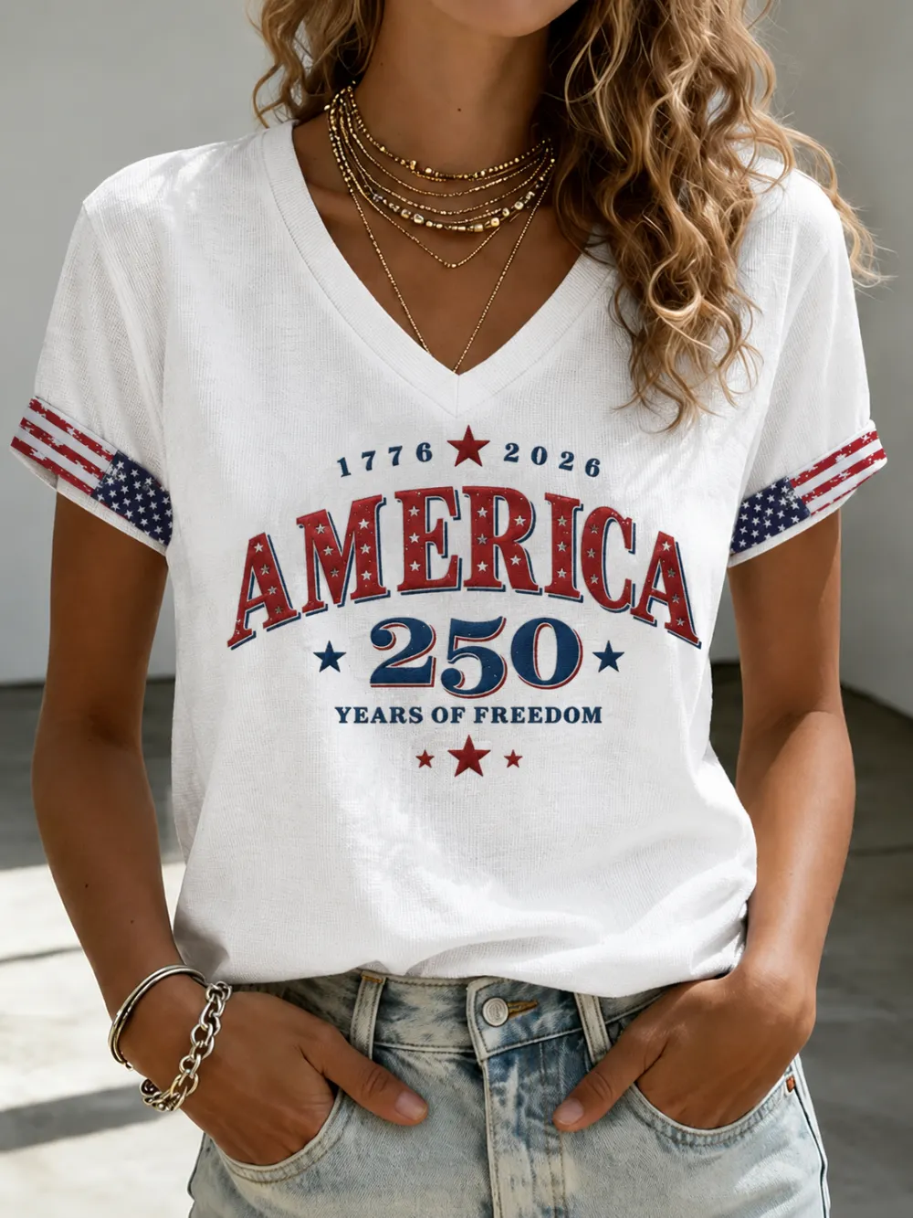 Women's Casual American 250 Celebration Printed V-Neck T-Shirt