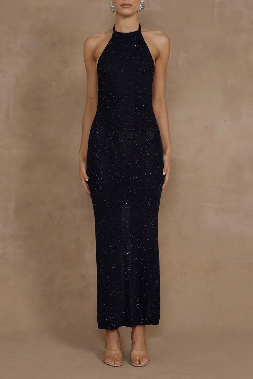 Halter Neck Sheer Panel Knit Midi Dress