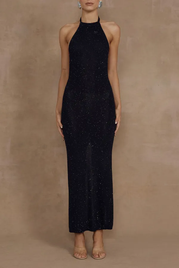 Halter Neck Sheer Panel Knit Midi Dress
