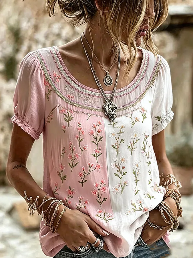 Women's Boho Floral Patchwork Embroidered Puff Sleeve Top