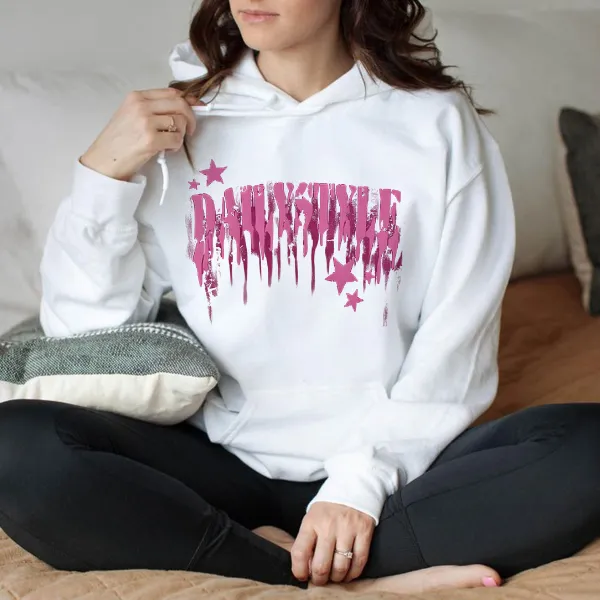 Pink Slogan And Pink Star Crew Neck Hoodies