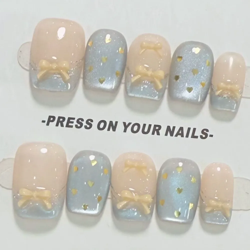 Nailhour 10Pcs 3D Bow Cat Eye French Medium Square Press On Nails