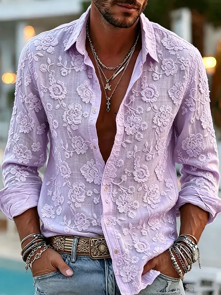 Men's Vintage Floral Embroidery Art Cozy Linen Blouse