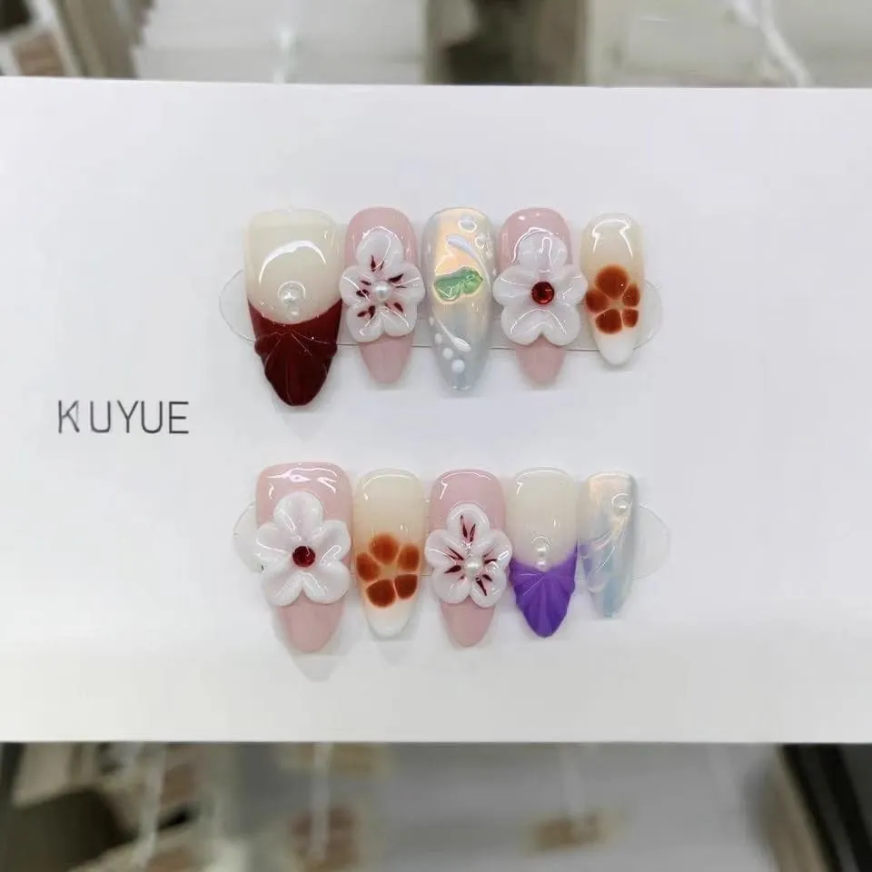 Nailhour 10Pcs Floral 3D Medium Almond Press On Nails