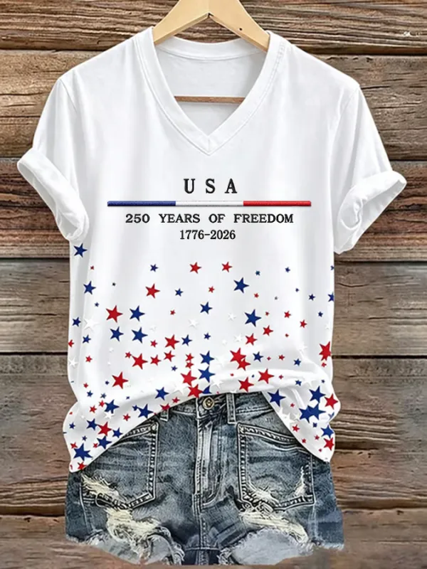 250Th Anniversary American Embroidery Commemorative V-Neck Short Sleeved T-Shirt