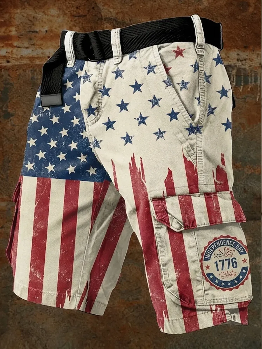 Men's Independence Day USA Flag Print Denim-Like Cargo Shorts