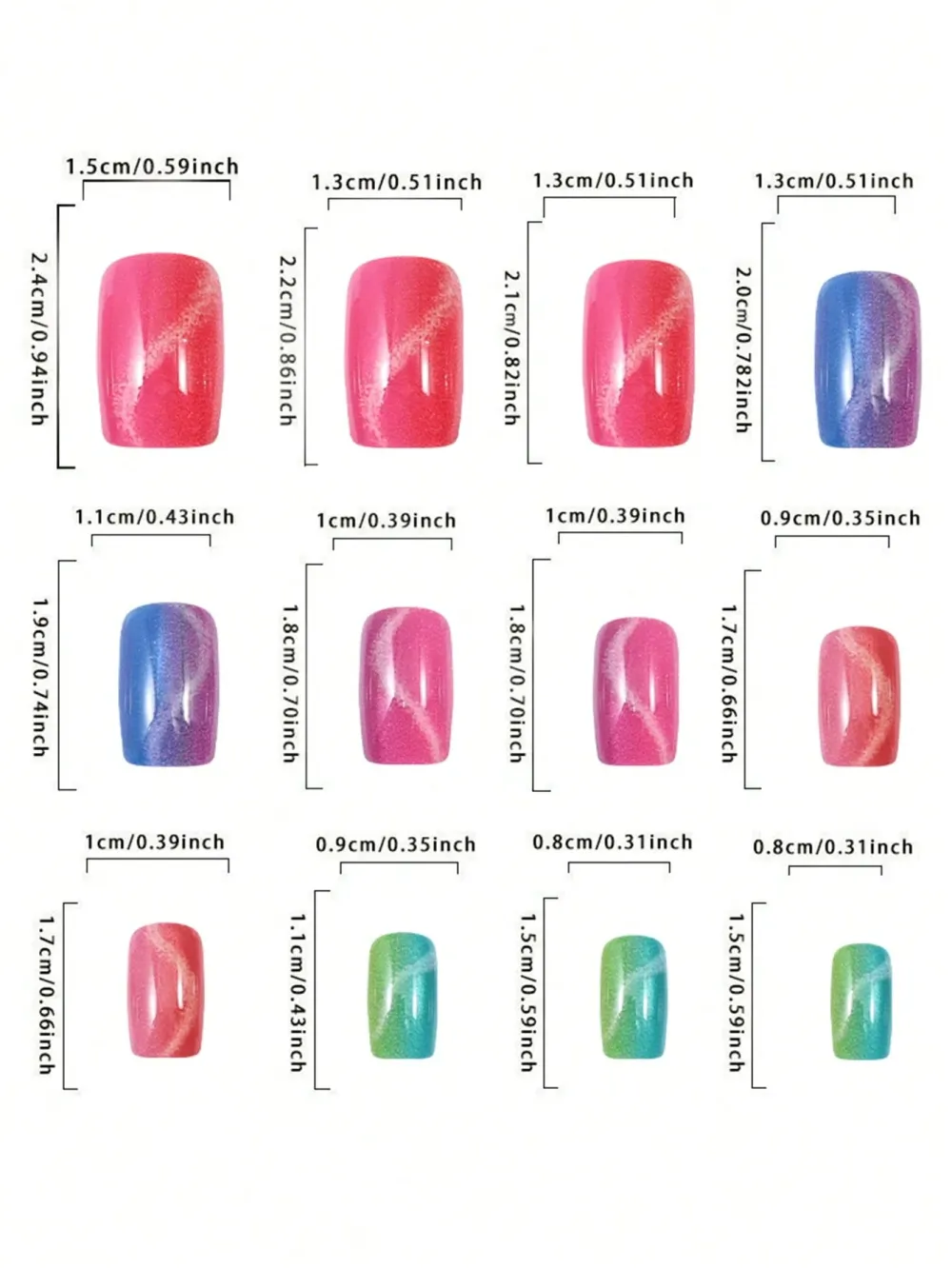 Nailhour 24pcs Rainbow Square Short Fake Nails Colorful Cat Eye Glitter Press On Nails