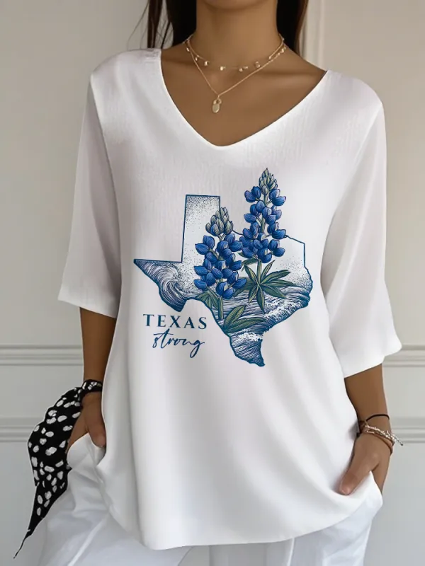 Ladies TEXAS STRONG  All-Match Loose And Slim V-Neck Shirt
