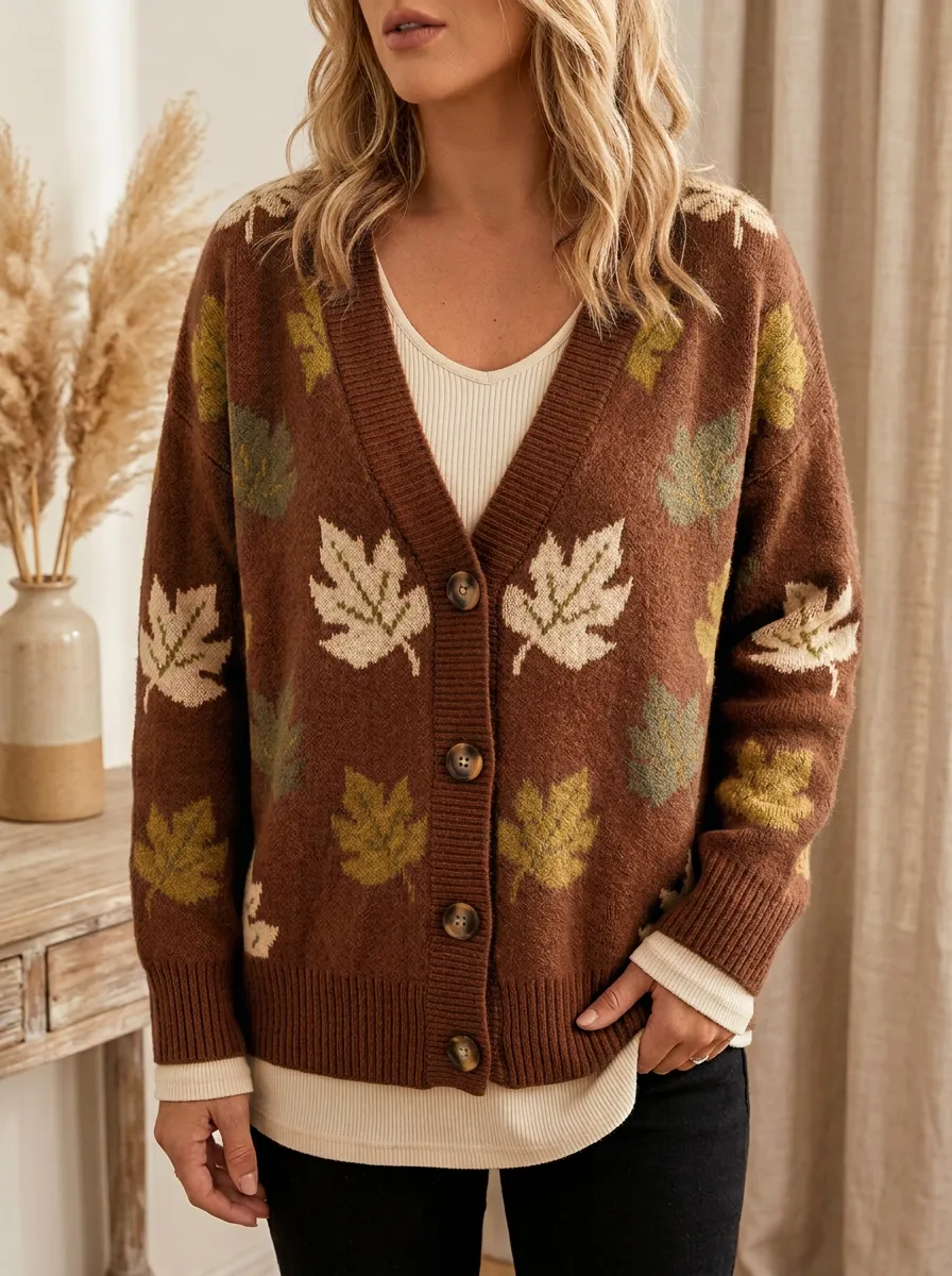 Harvest Maple Leaf Pattern Patterned Women's Knit Cardigan