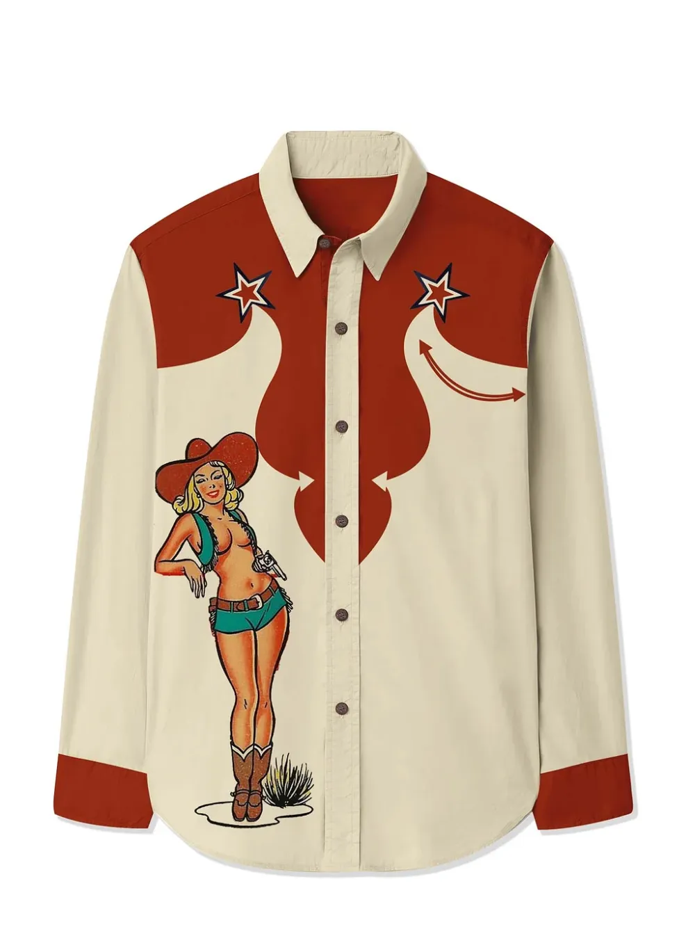 Western Cowgirl Printed Hawaiian Shirt For Men Button-down Shirt Long Sleeve 100% Cotton Shirt