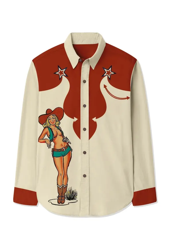 Western Cowgirl Printed Hawaiian Shirt For Men Button-down Shirt Long Sleeve 100% Cotton Shirt