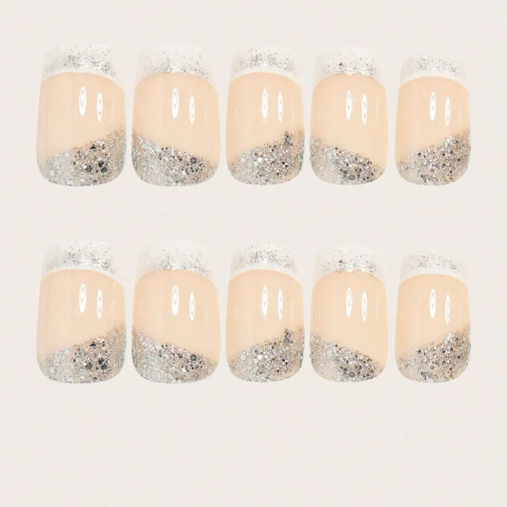 Nailhour 24Pcs White Glitter Rhinestone Short Square Press On Nails