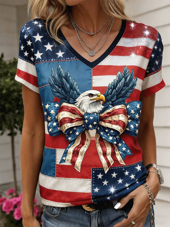 Women's American Flag Eagle Bow Print V-Neck Patriotic T-Shirt