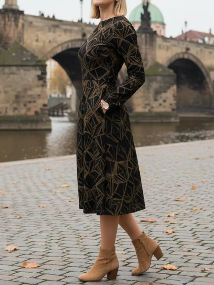 Pocketed Gold Geometric Print Dress