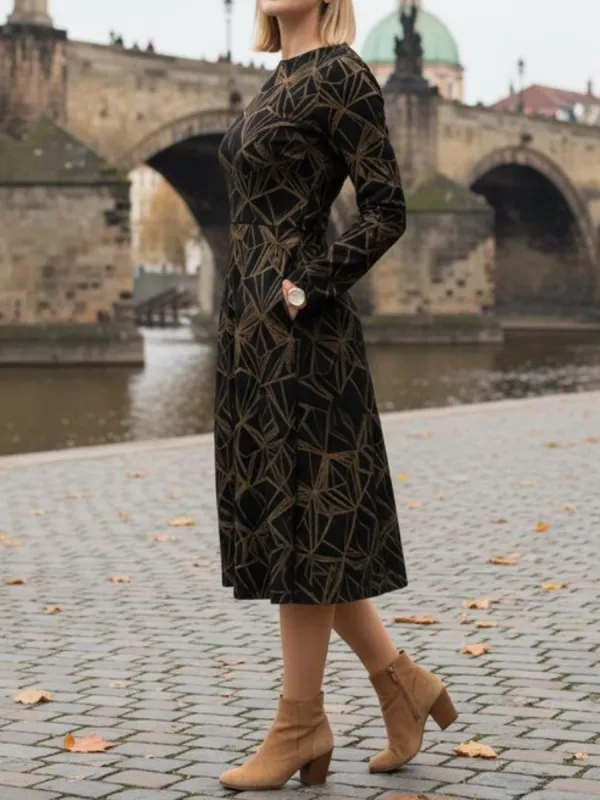 Pocketed Gold Geometric Print Dress