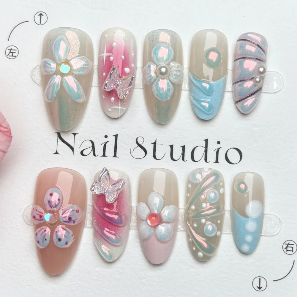 Nailhour 30Pcs Floral 3D Medium Almond Glitter French Press On Nails