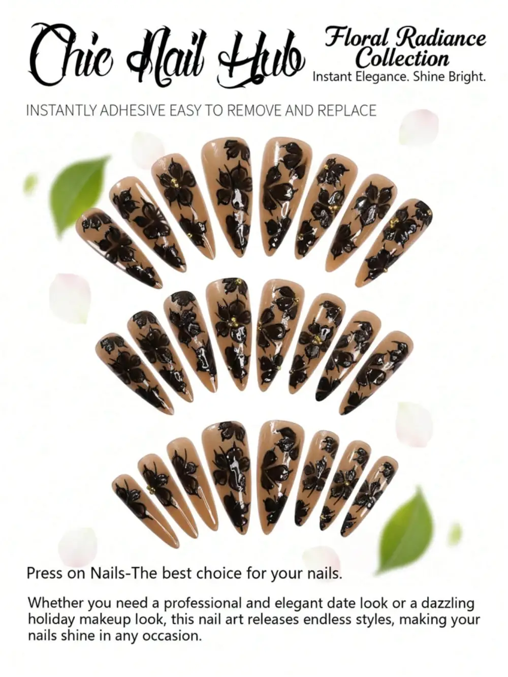 Nailhour 24Pcs Black Floral Extra Long Stiletto Press On Nails