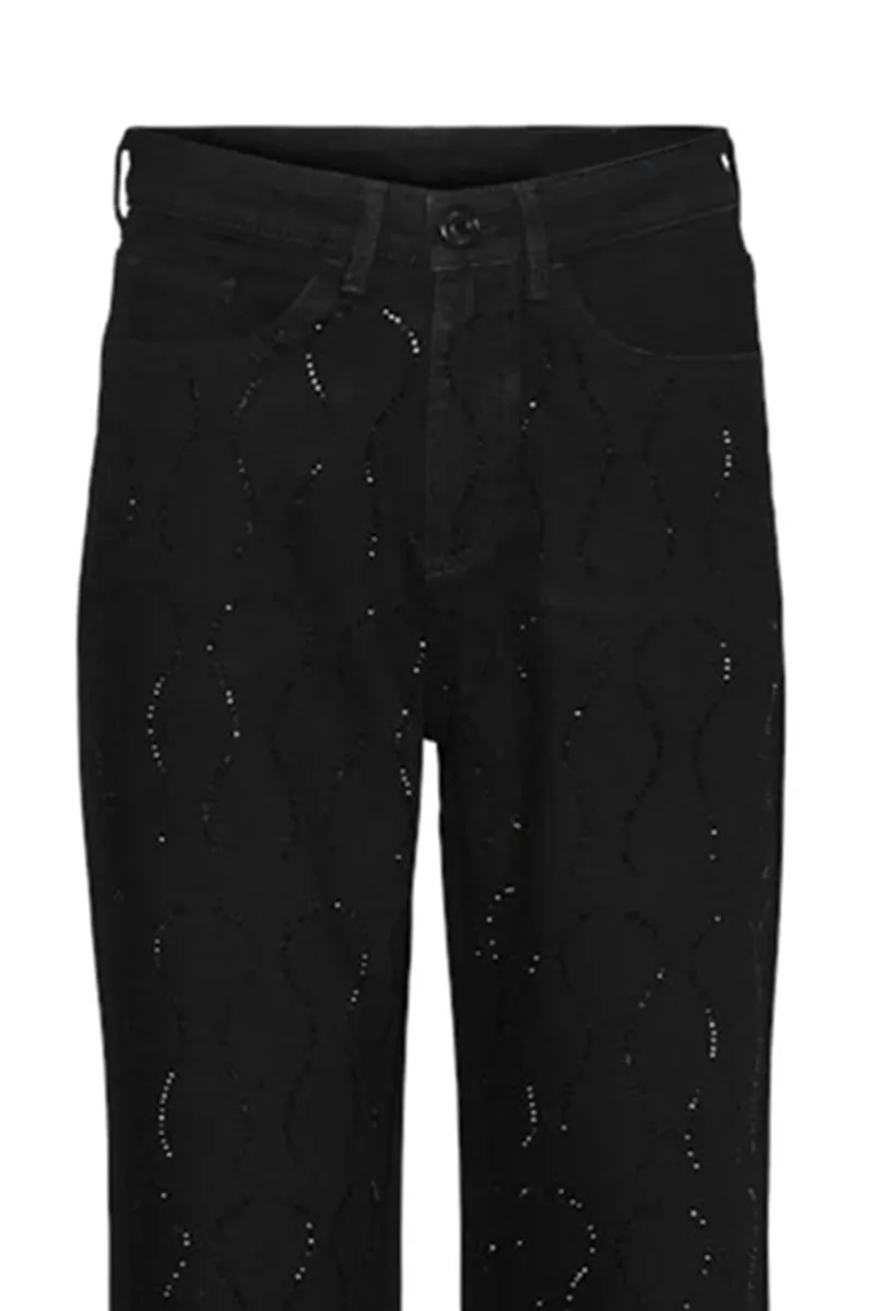 Patterned Wide Leg Black Trousers