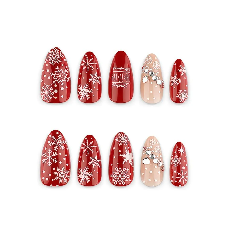 Nailhour 24Pcs Red Christmas Snowflake3D Medium Almond French Press On Nails