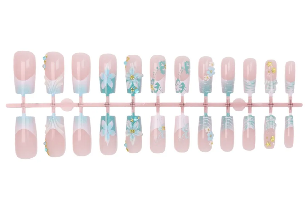 Nailhour 24Pcs Shell Floral 3D Medium Square French Press On Nails