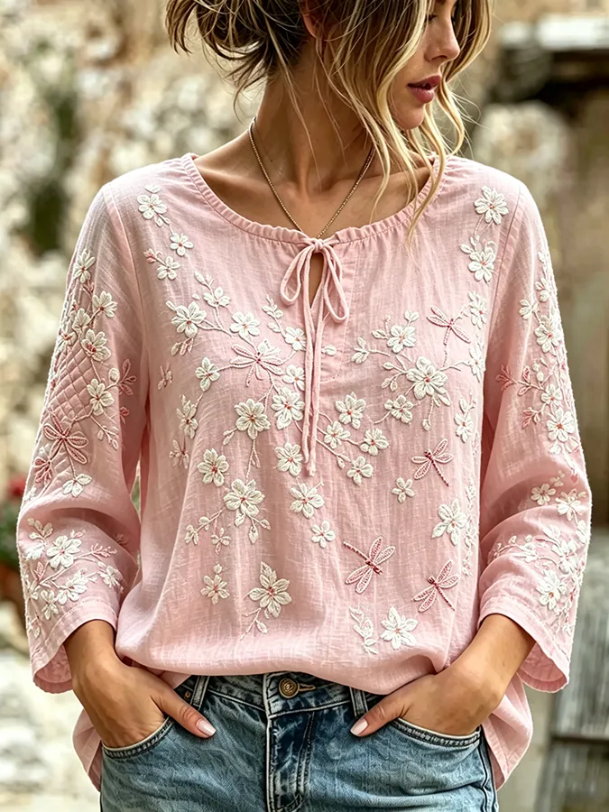 Ladies' Casual Floral Embroidery Personalized Printed Cotton And Linen Rope Top