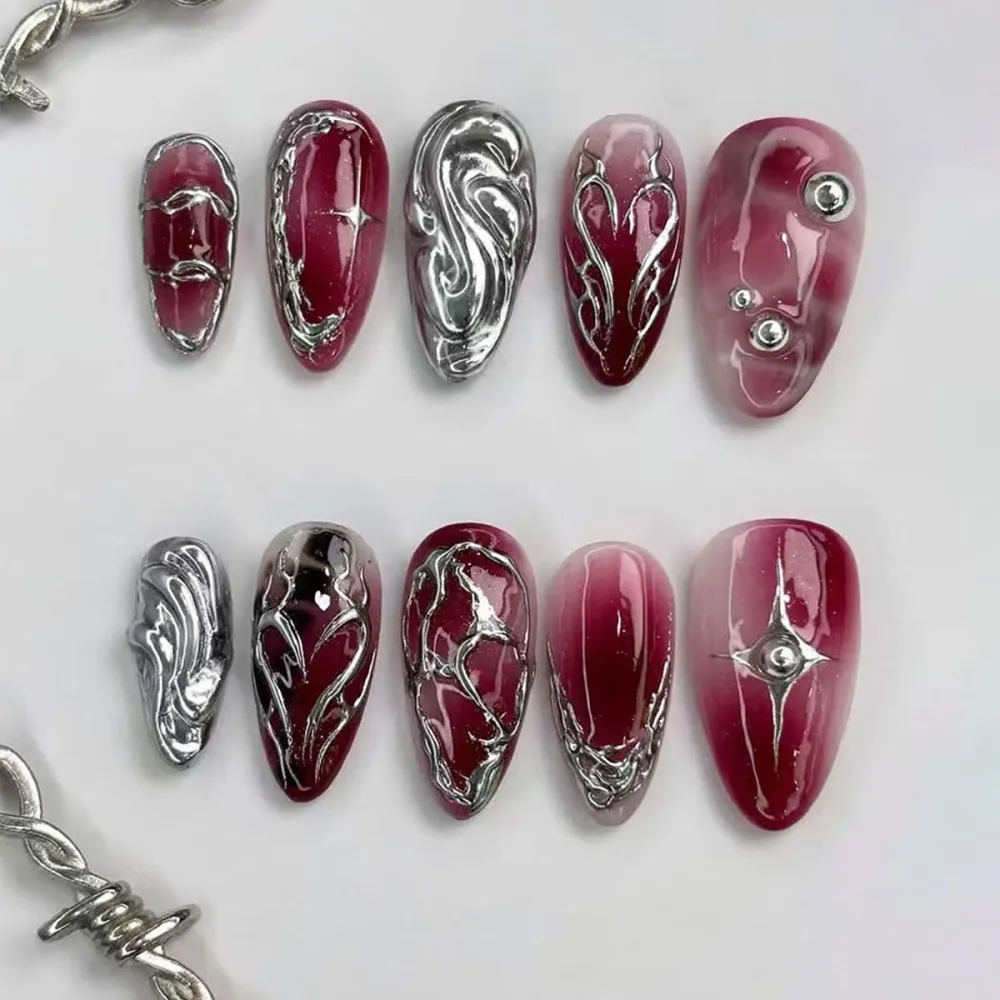 Nailhour 30Pcs Purple Rhinestone Gothic Medium Almond Press On Nails