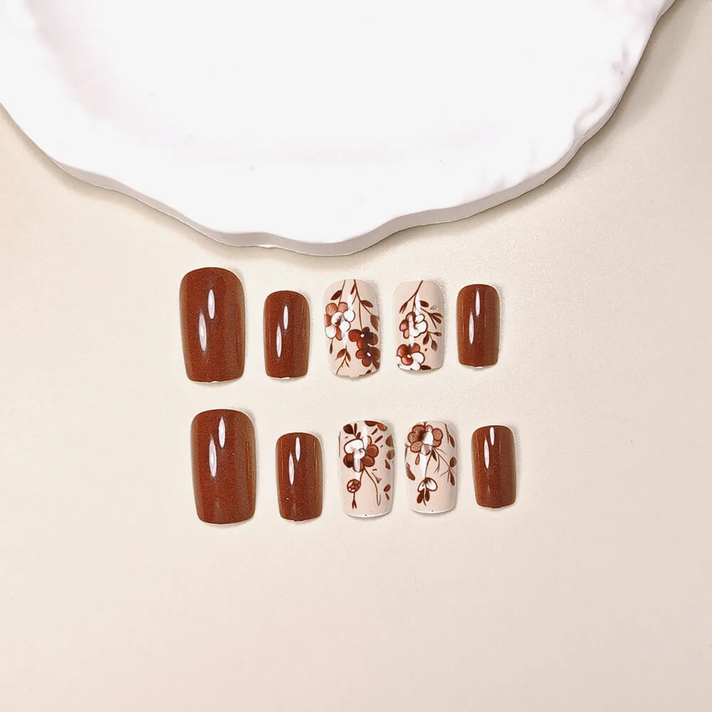 Nailhour 24pcs Autumn Floral Medium Square Press On Nails