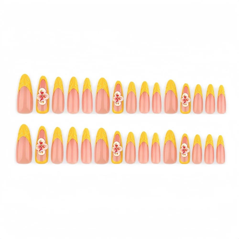 Nailhour 30Pcs Floral 3D Medium Almond Yellow Press On Nails