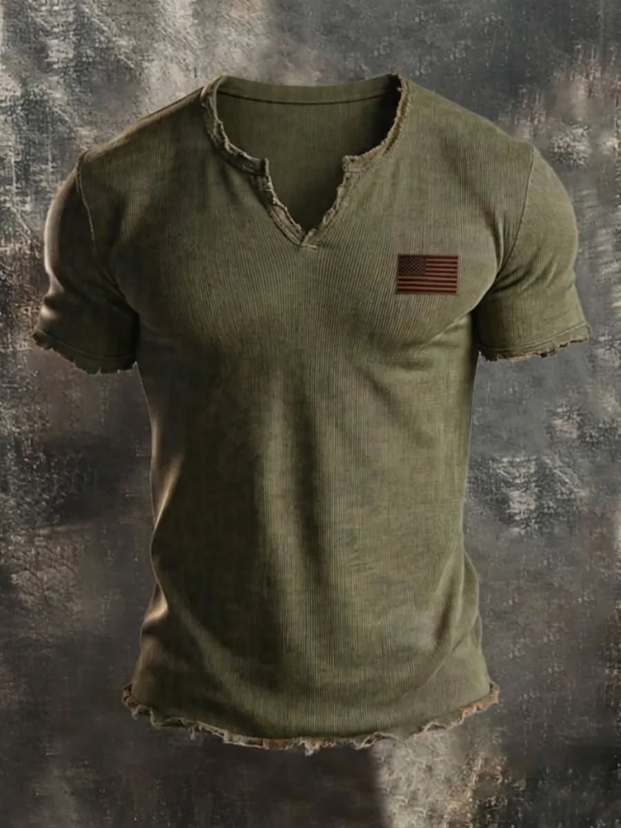Men's American Flag Printed Casual V-neck T-shirt