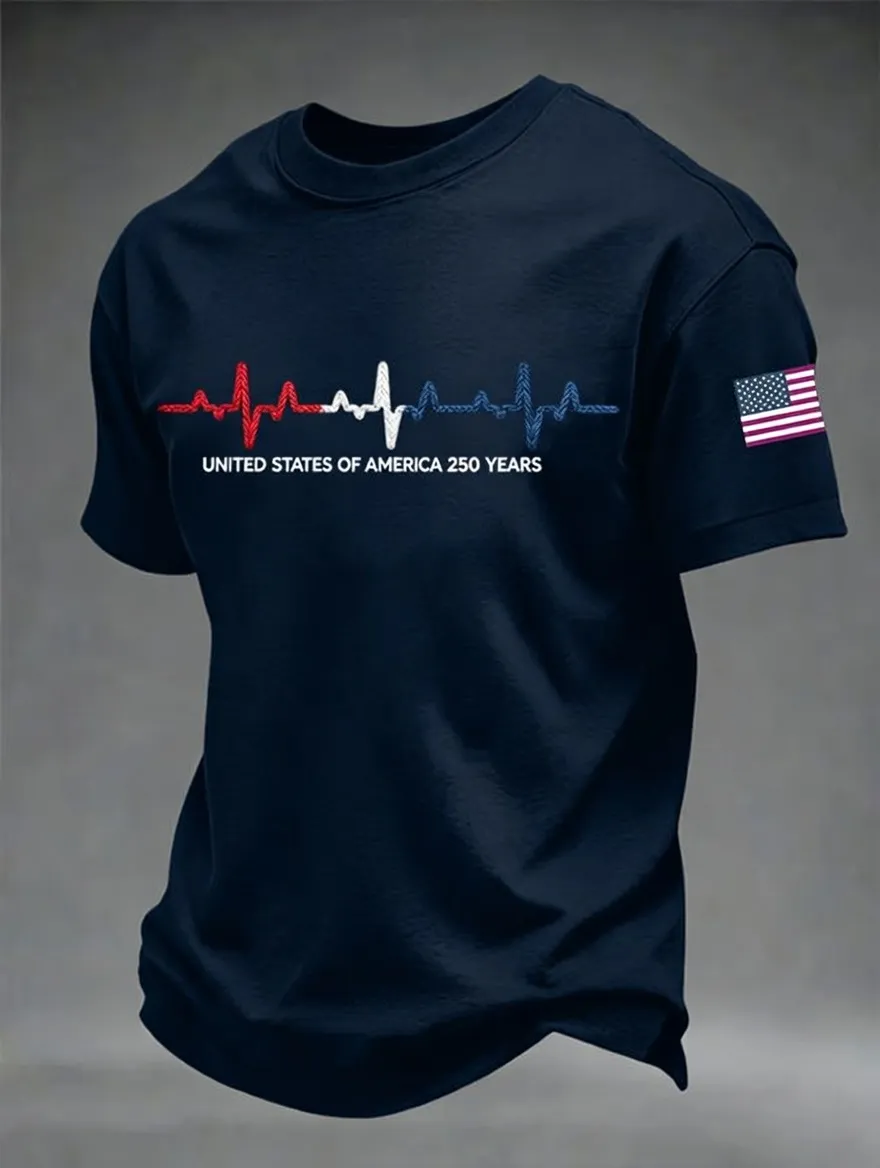Men'S Casual American 250Th Anniversary Printed Round Neck Short Sleeved T-Shirt