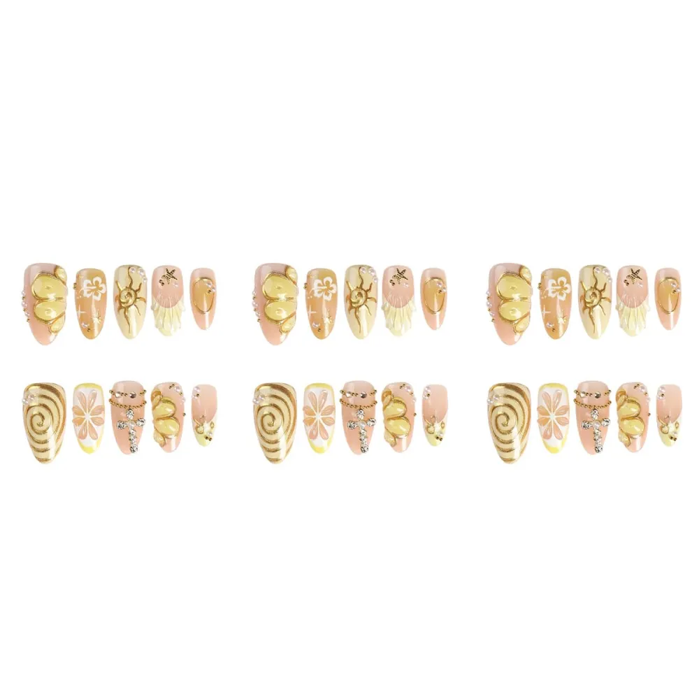 Nailhour 30Pcs Floral 3D Medium Almond Yellow Autumn Press On Nails