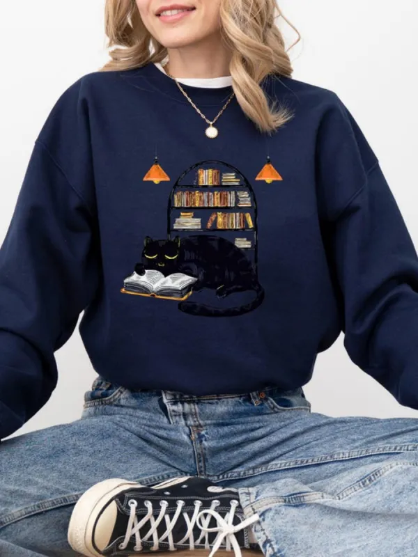 Cat Reading Graphic Sweatshirt