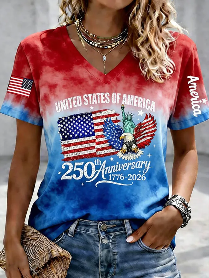 Women's Flower Independence Day Printed Casual T-shirt