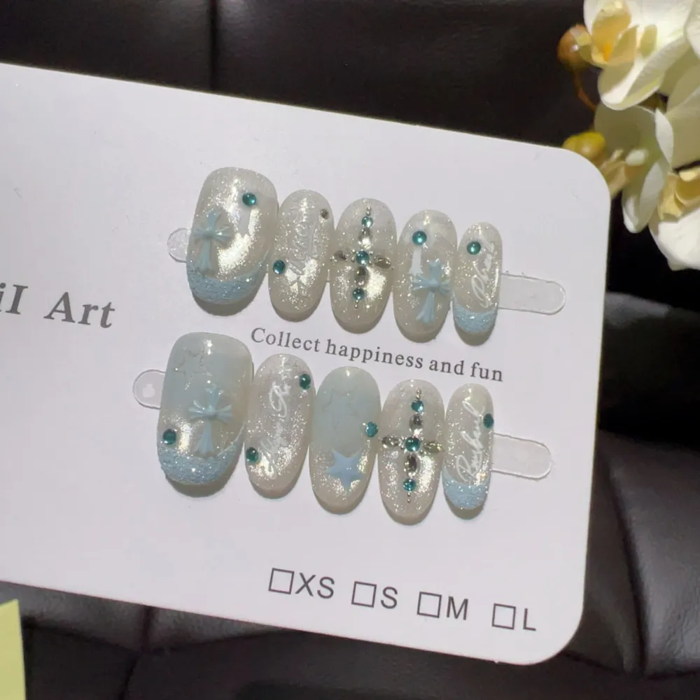 Nailhour 10Pcs Rhinestone Glitter 3D Gothic Cross Medium Almond Press On Nails