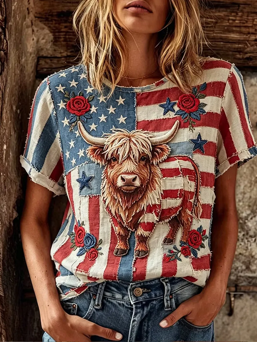 American Flag and Highland Cow Patchwork Design Women's Vintage T-Shirt
