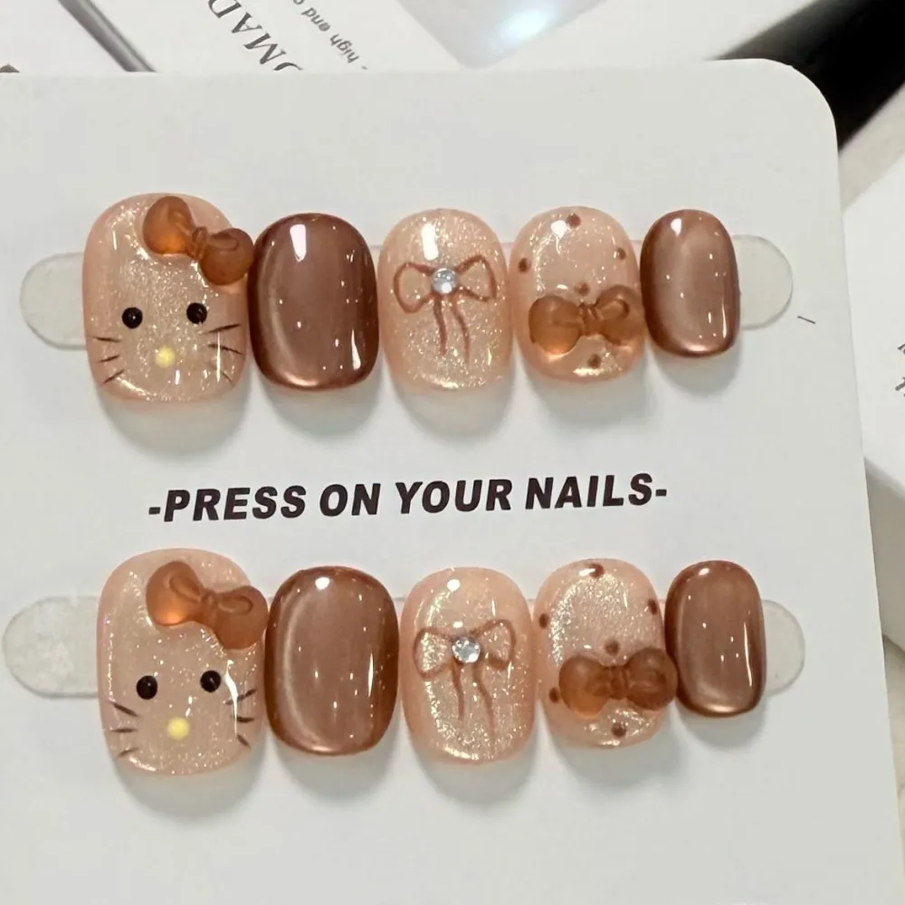 Nailhour 10Pcs Kitty Brown Cat Eye French Medium Square Press On Nails