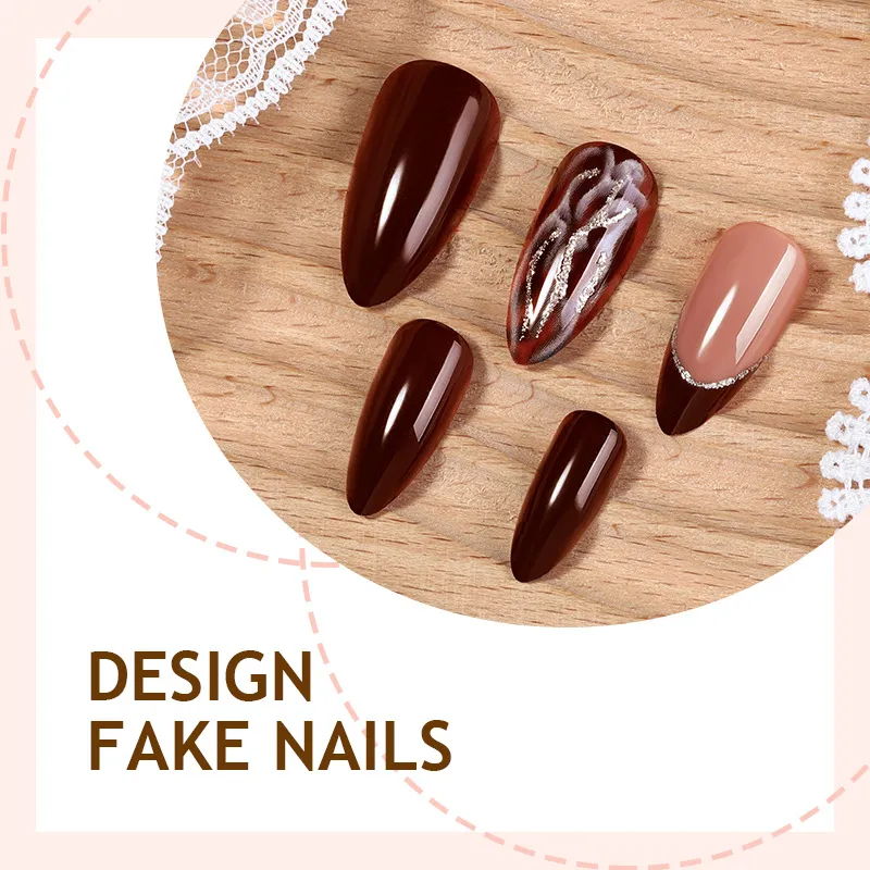 Nailhour 24Pcs Brown Chrome French Medium Almond Press On Nails