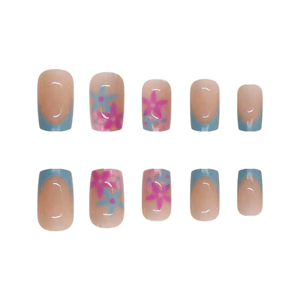 Nailhour 24Pcs Medium Square Mint Blue French Press On Nails
