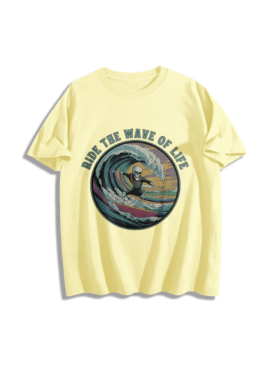 Surfing Skull Wave Themed Graphic T-Shirt