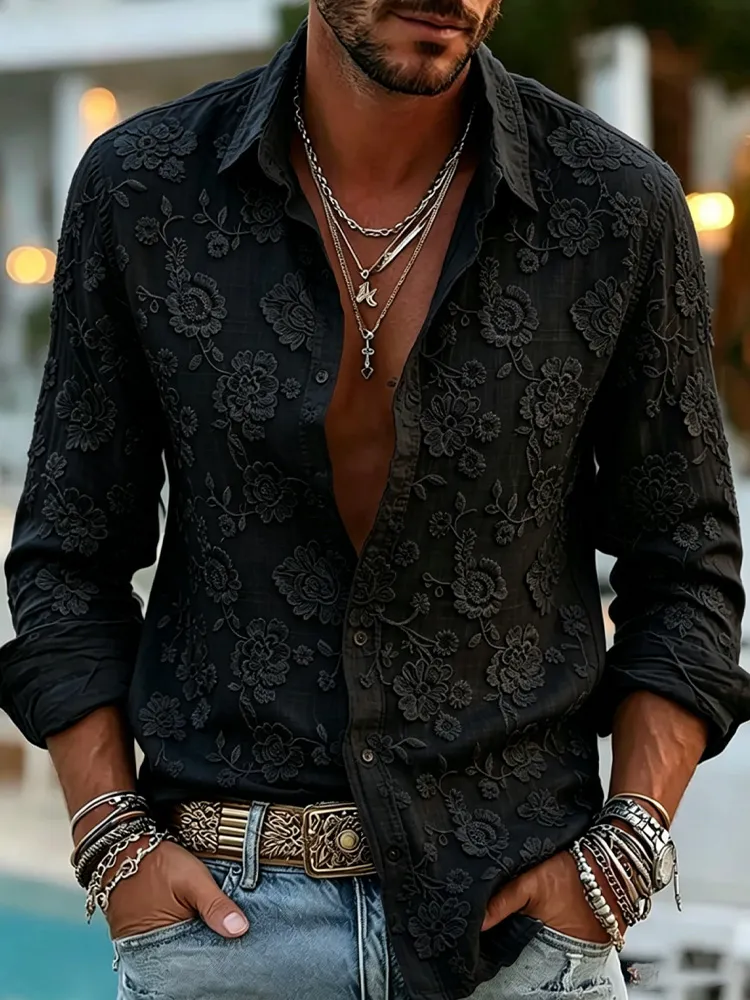 Men's Vintage Floral Embroidery Art Cozy Linen Blouse